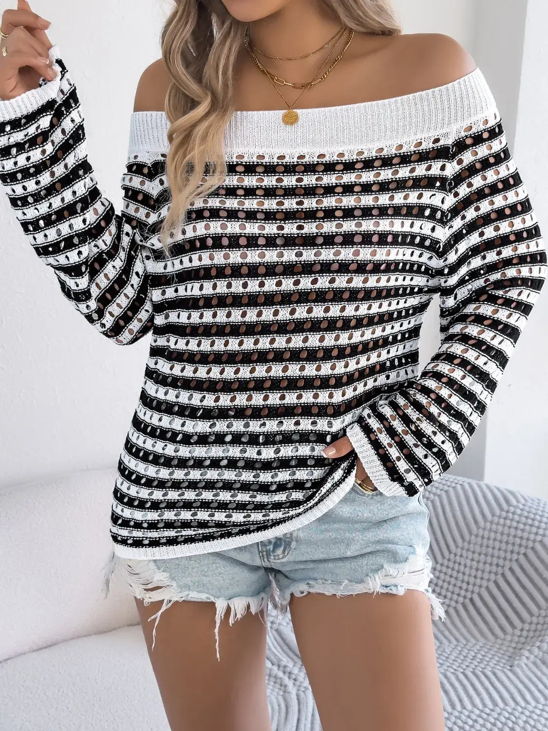 Openwork Striped Off-Shoulder Knit Top - Trendsi - Flyclothing LLC