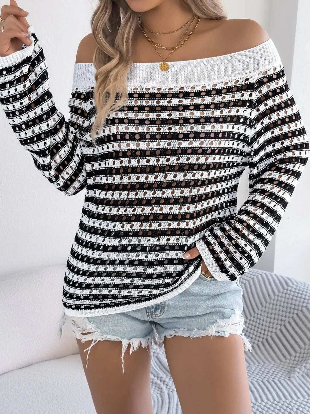 Openwork Striped Off-Shoulder Knit Top - Trendsi - Flyclothing LLC