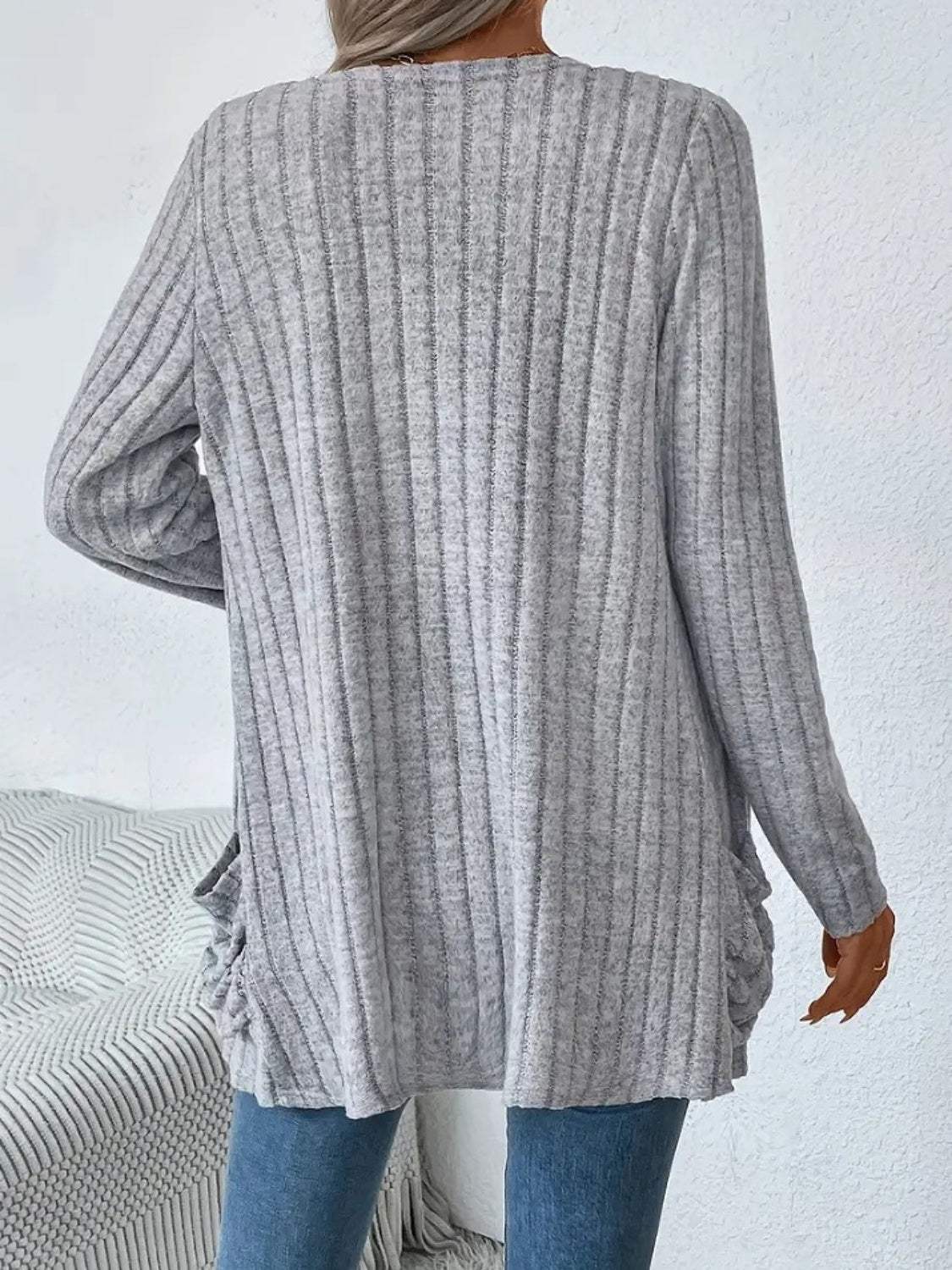 Ribbed Open Front Long Sleeve Cardigan with Pockets - Trendsi - Flyclothing LLC