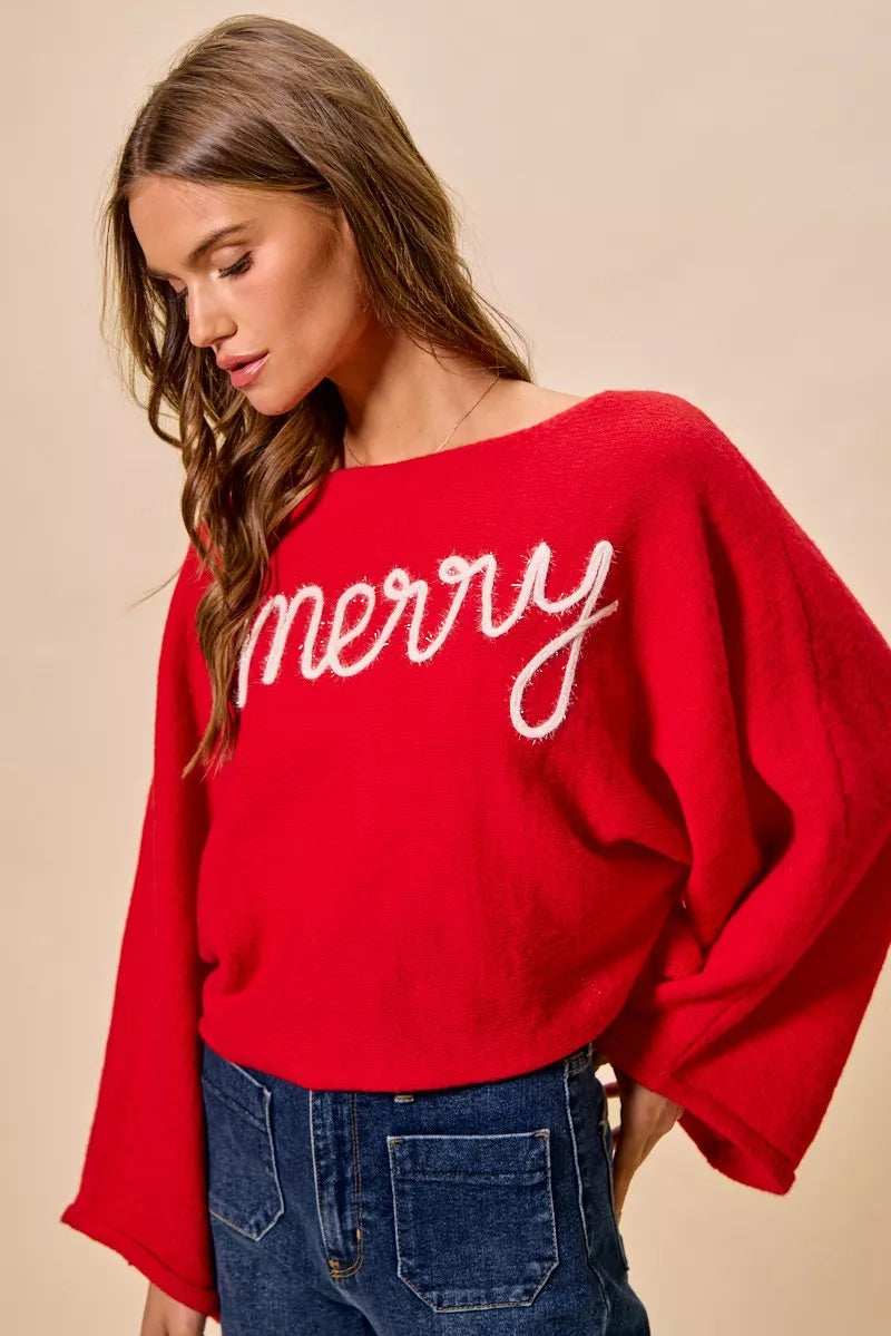 SO ME Merry Tinsel Lettering Christmas Sweater Top - Trendsi - Flyclothing LLC
