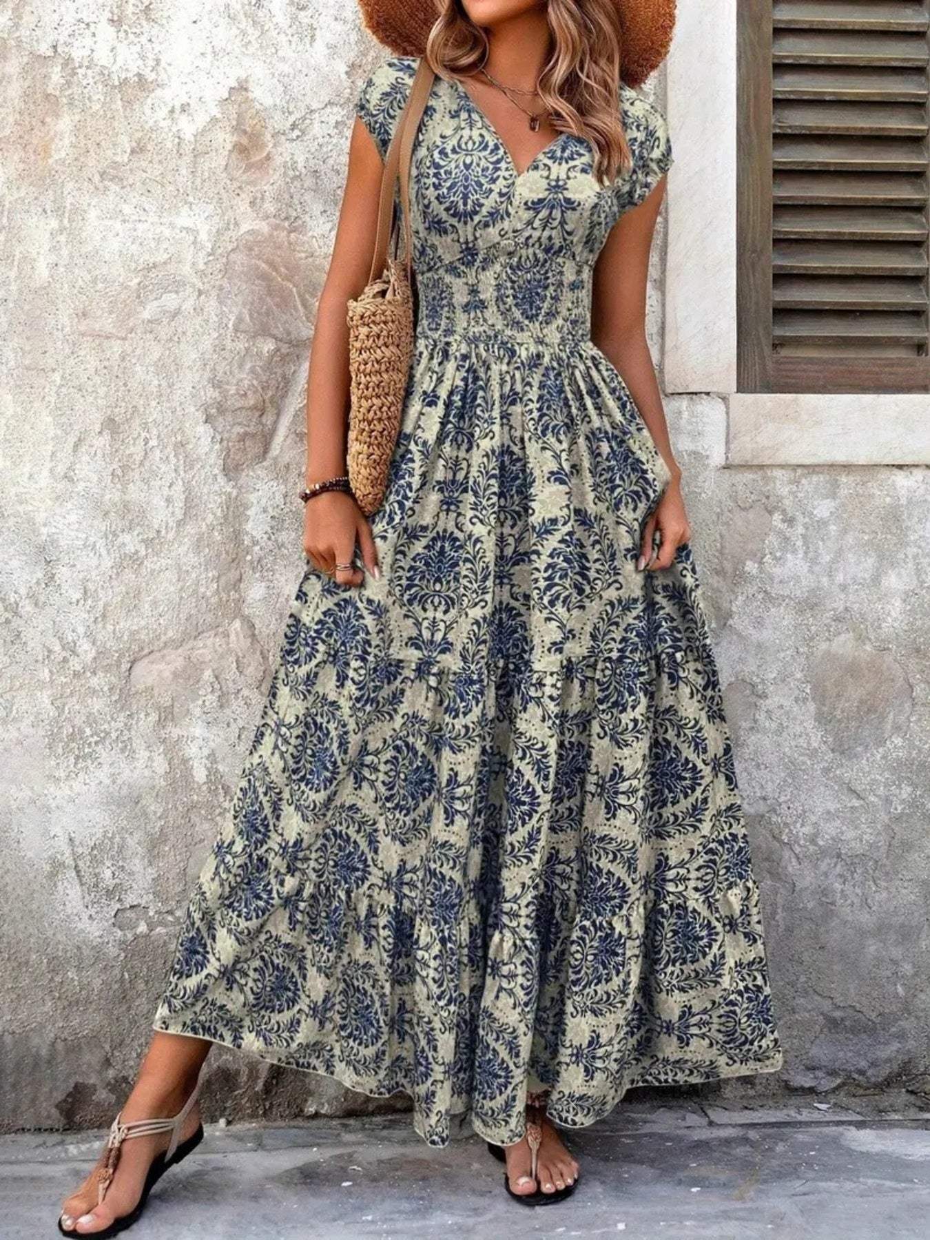 Printed Cap Sleeve Maxi Dress - Trendsi - Flyclothing LLC