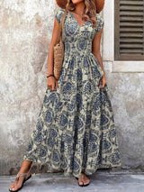 Printed Cap Sleeve Maxi Dress - Trendsi - Flyclothing LLC