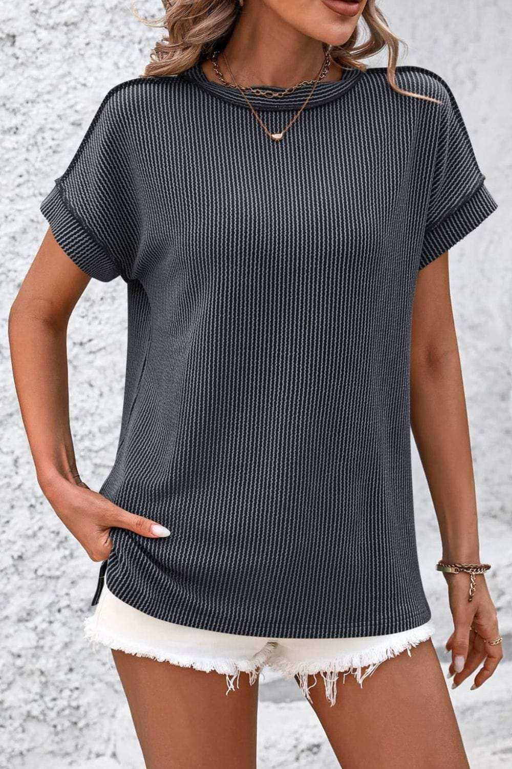 Striped Round Neck Short Sleeve T-Shirt - Trendsi - Flyclothing LLC