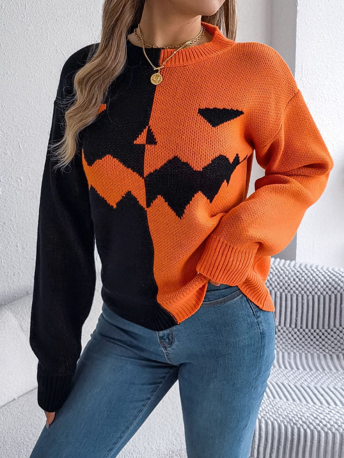 Contrast Round Neck Long Sleeve Sweater - Trendsi
