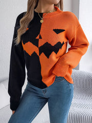 Contrast Round Neck Long Sleeve Sweater - Trendsi