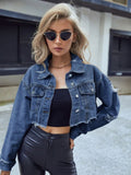 Distressed Raw Hem Collared Neck Long Sleeve Denim Top - Trendsi