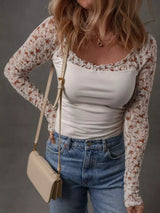 Floral Lace Patchwork Square Neck Long Sleeve Top - Trendsi - Flyclothing LLC