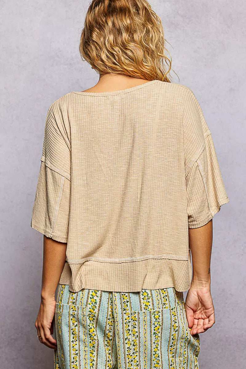 POL Short Sleeve Ccopped Rib T-Shirt with Contrast Stitch Detail - Trendsi - Flyclothing LLC