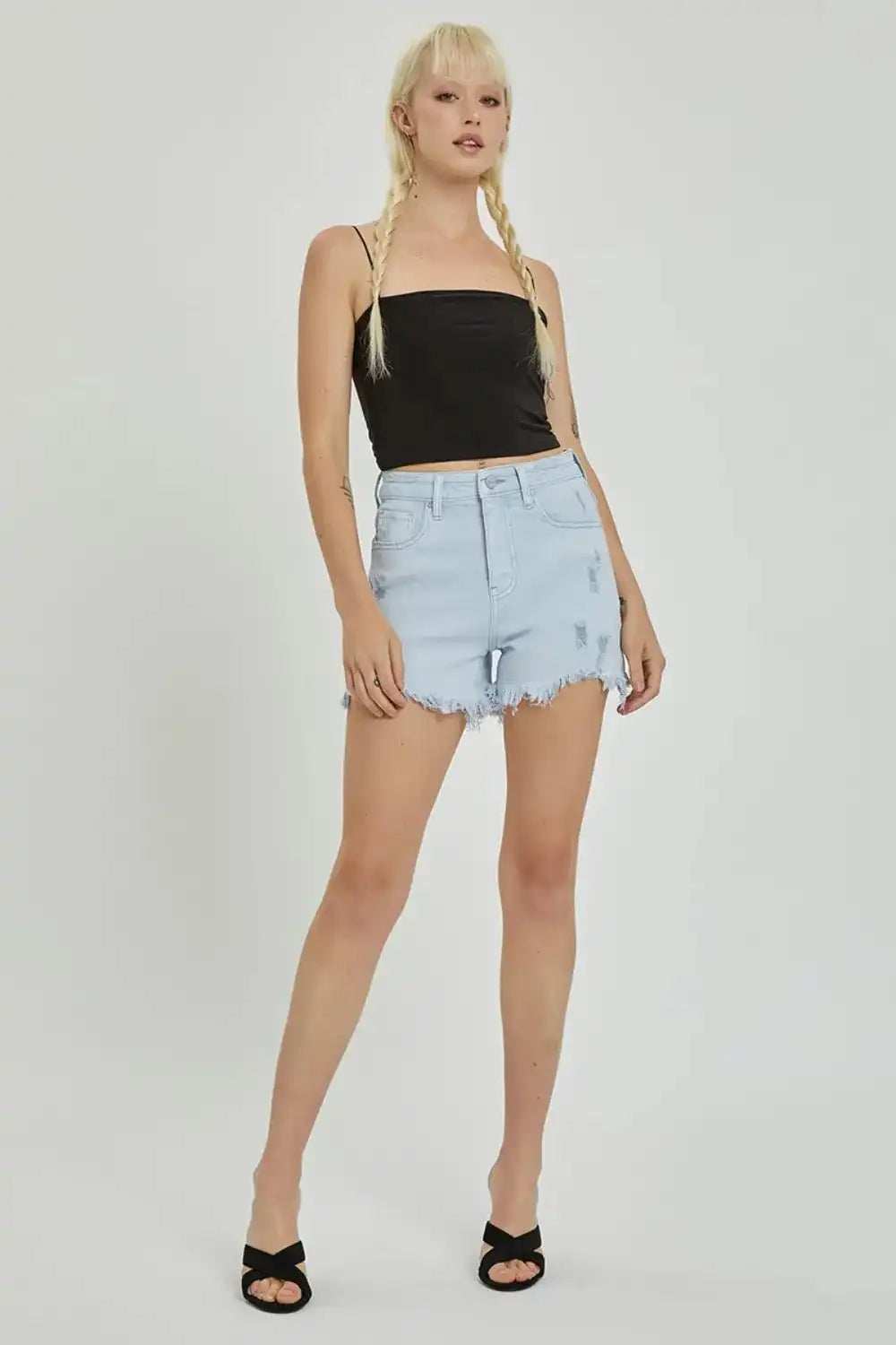 RISEN Full Size High Rise Distressed Detail Denim Shorts - Trendsi - Flyclothing LLC