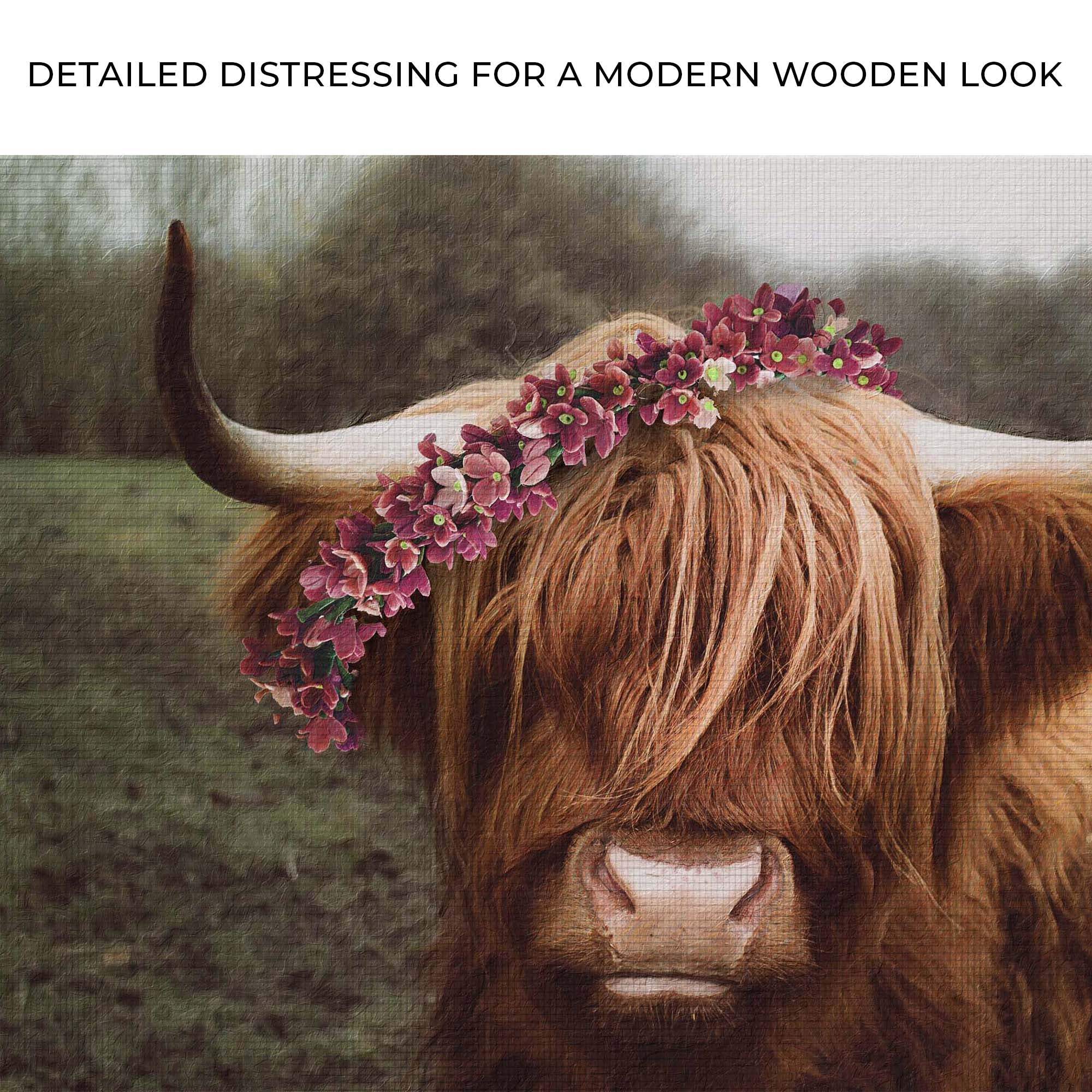 Retro Floral Crown Highland Cow Canvas Wall Art - Tailored Canvases - Flyclothing LLC