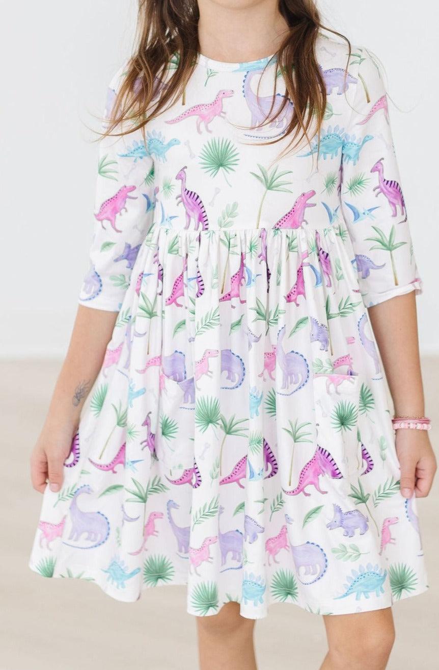 Dino Darling 3/4 Sleeve Pocket Twirl Dress - Mila & Rose ®