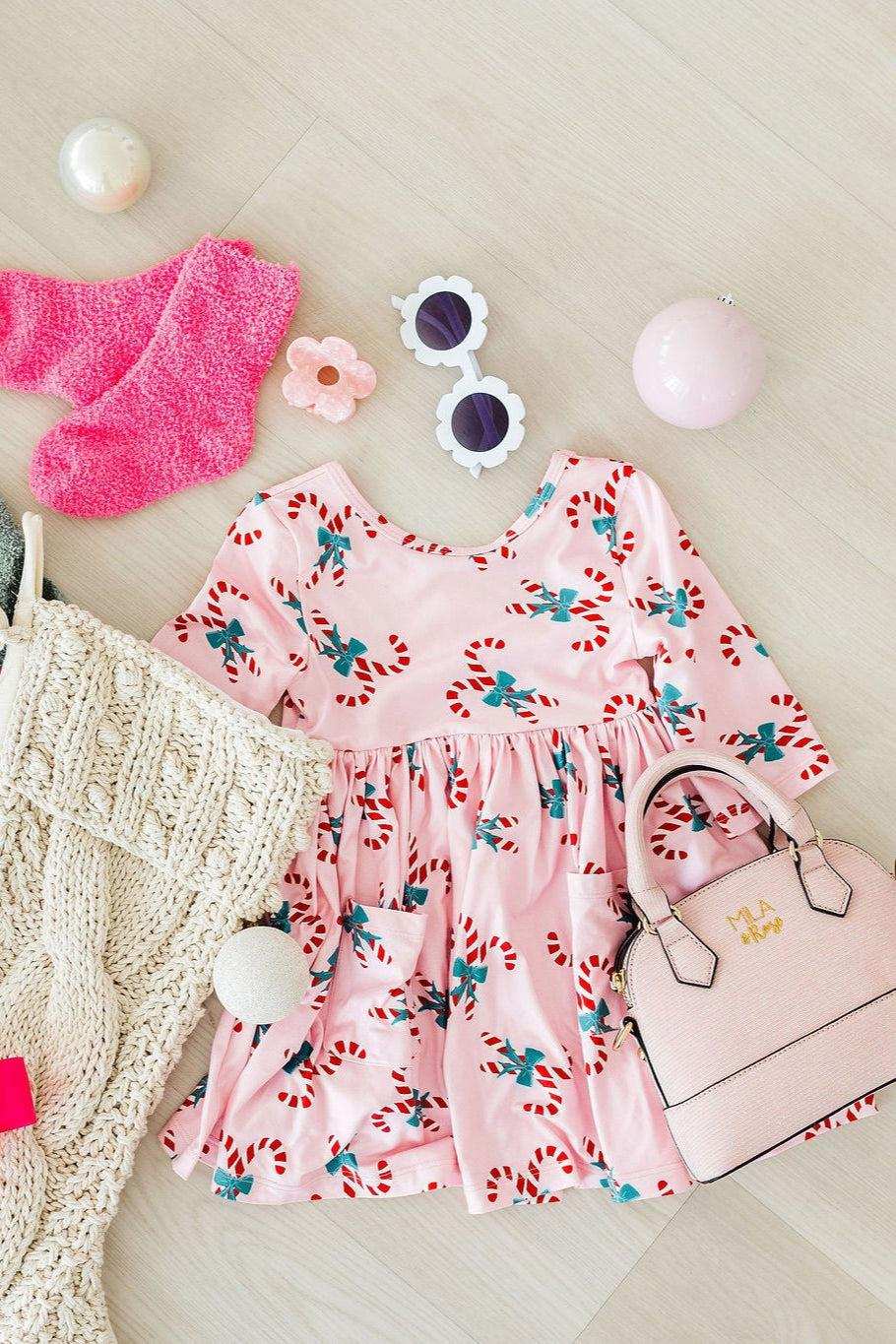 Candy Cane Cutie 3/4 Sleeve Pocket Twirl Dress - Mila & Rose ® - Flyclothing LLC