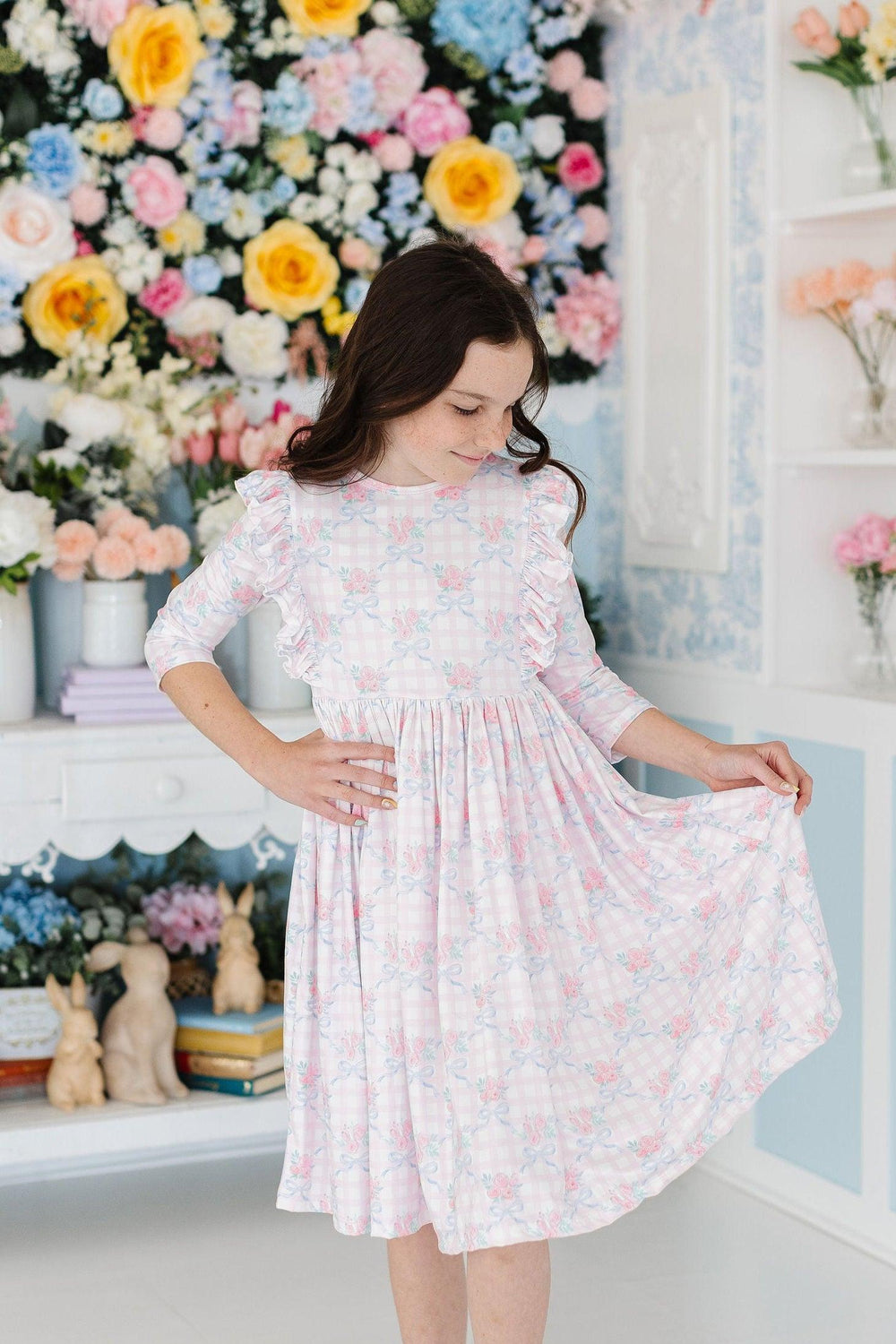 Ribbons & Roses 3/4 Sleeve Ruffle Twirl Dress - Mila & Rose ®