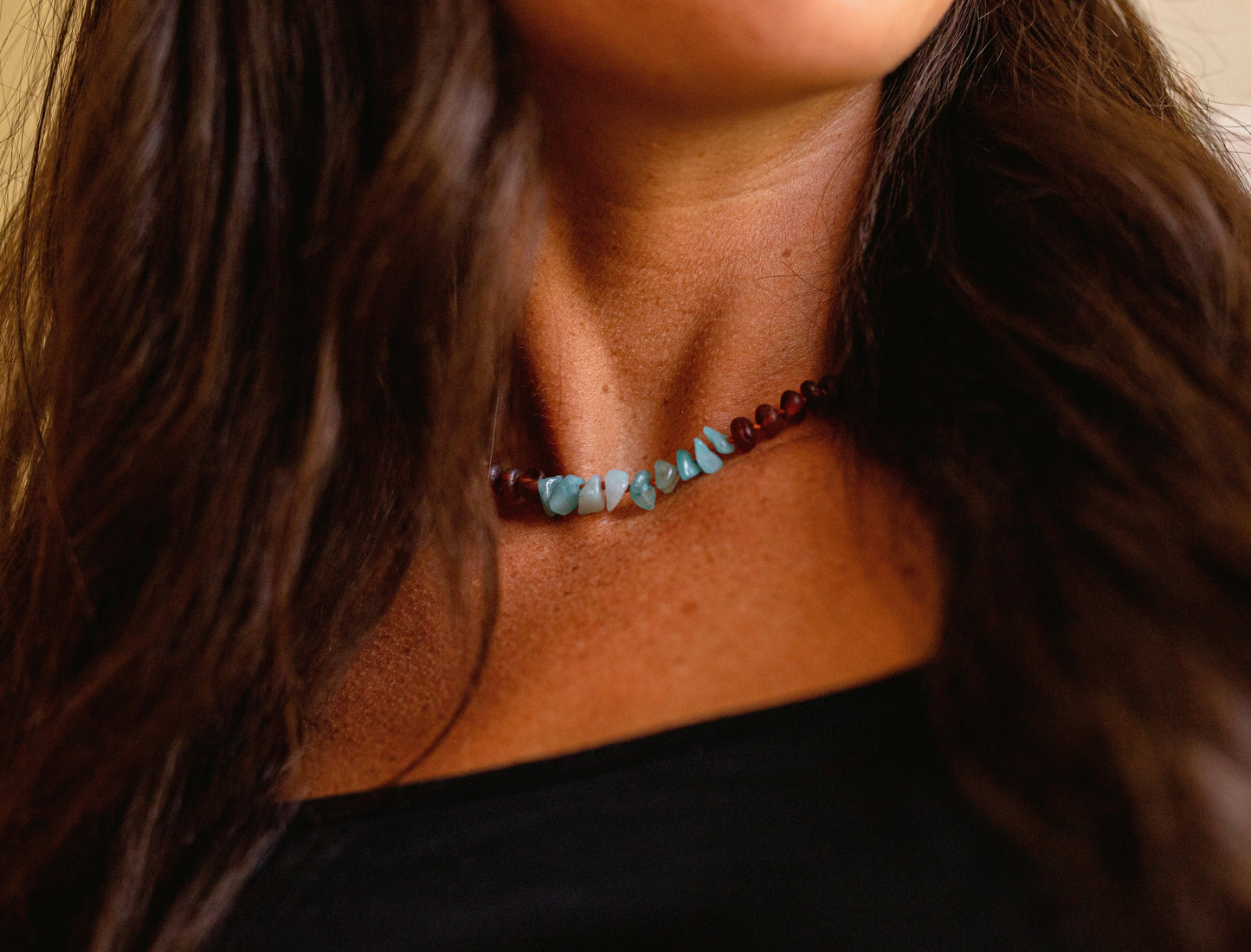 Raw Cognac Baltic Amber + Aquamarine || Necklace - CanyonLeaf - Flyclothing LLC