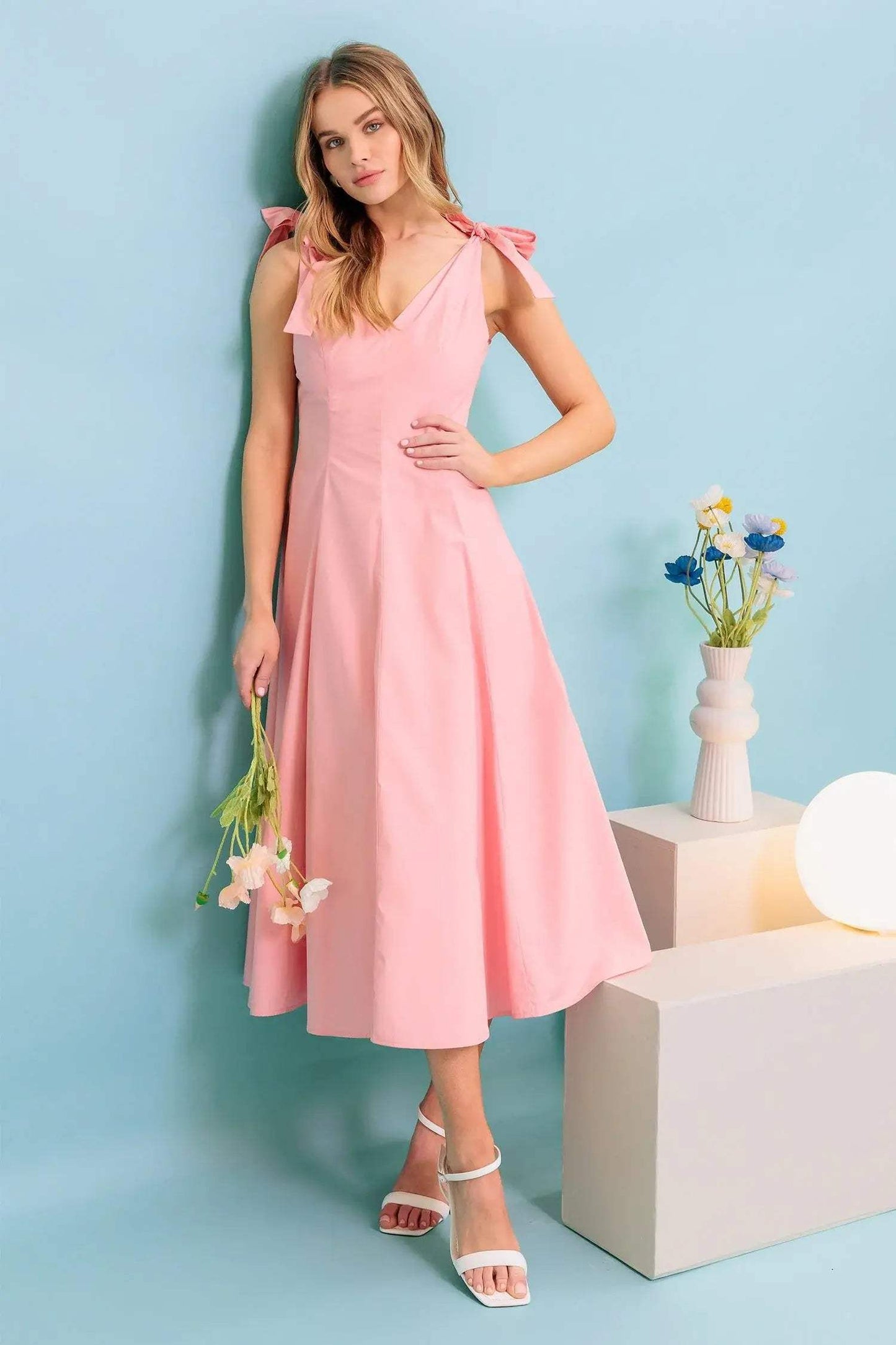 ON THE RIGHT TRACK PEACH WOVEN MIDI DRESS - Flying Tomato - Flyclothing LLC