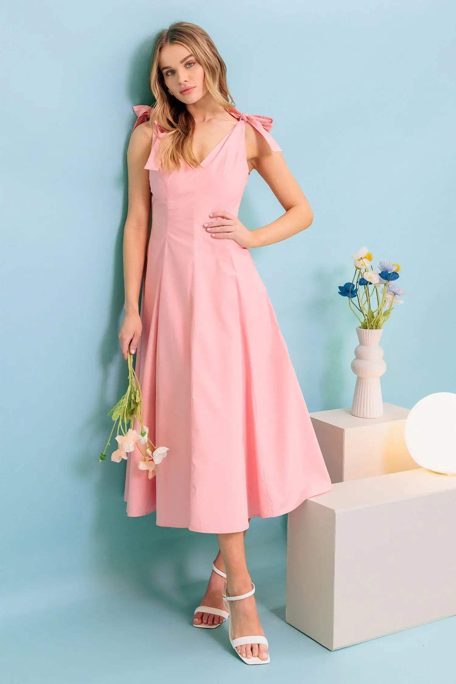 ON THE RIGHT TRACK PEACH WOVEN MIDI DRESS - Flying Tomato - Flyclothing LLC