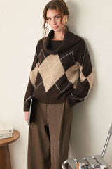 COZY MOMENTS BROWN ARGYLE COWL NECK SWEATER - Flying Tomato - Flyclothing LLC