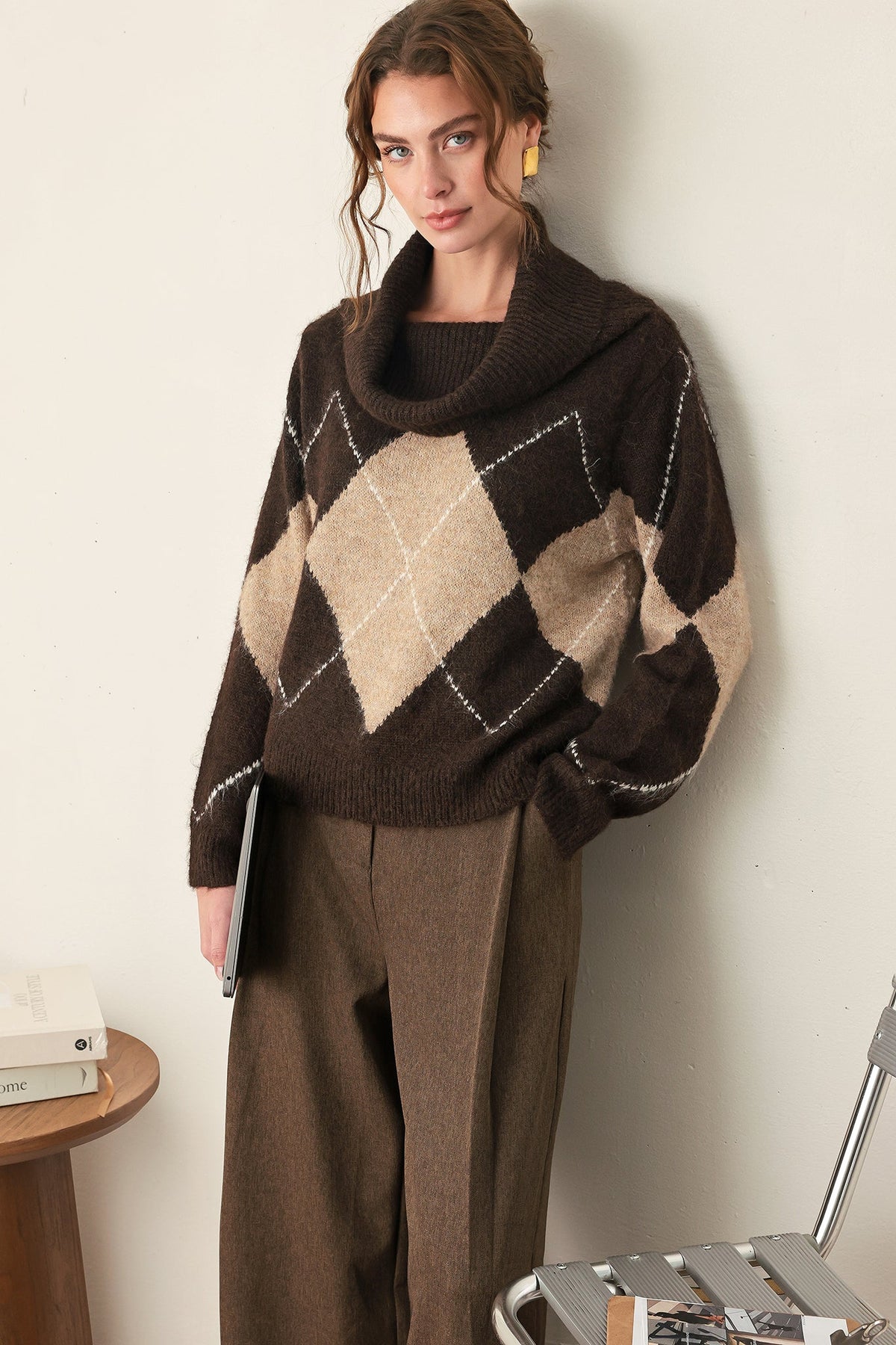 COZY MOMENTS BROWN ARGYLE COWL NECK SWEATER - Flying Tomato - Flyclothing LLC