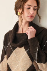 COZY MOMENTS BROWN ARGYLE COWL NECK SWEATER - Flying Tomato - Flyclothing LLC