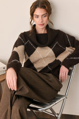 COZY MOMENTS BROWN ARGYLE COWL NECK SWEATER - Flying Tomato - Flyclothing LLC