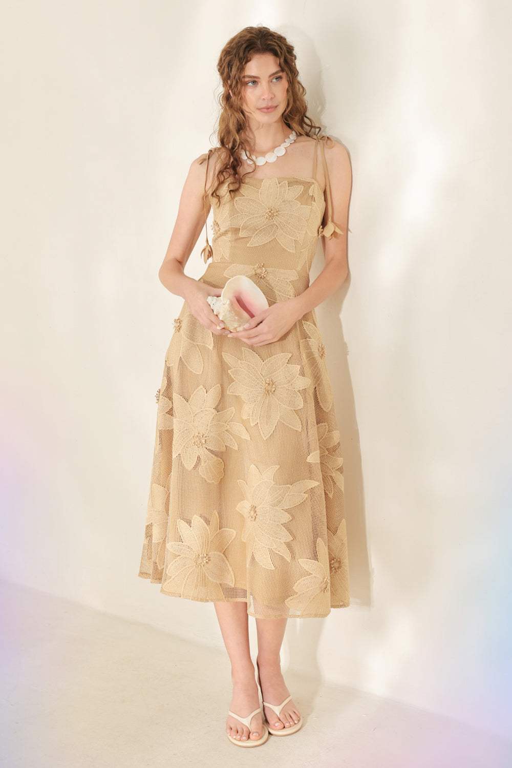 SANDY BLOOM FLORAL WOVEN LACE MIDI DRESS