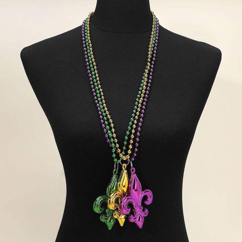 3PCS - Mardi Gras Fleur de Lis Pendant Beaded Long Necklaces - Madeline Love - Flyclothing LLC