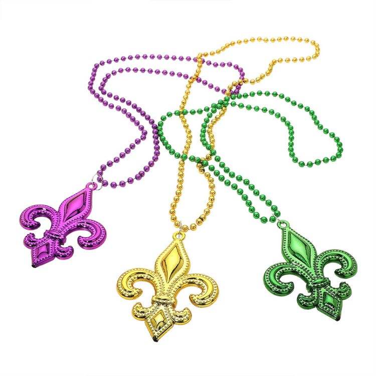 3PCS - Mardi Gras Fleur de Lis Pendant Beaded Long Necklaces - Madeline Love - Flyclothing LLC