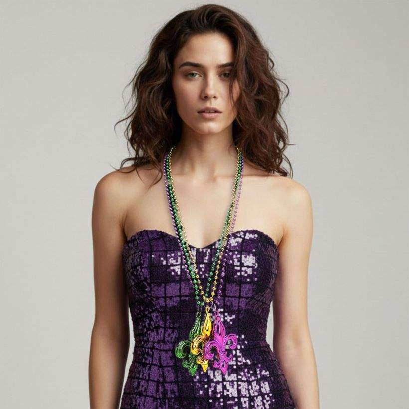3PCS - Mardi Gras Fleur de Lis Pendant Beaded Long Necklaces - Madeline Love - Flyclothing LLC