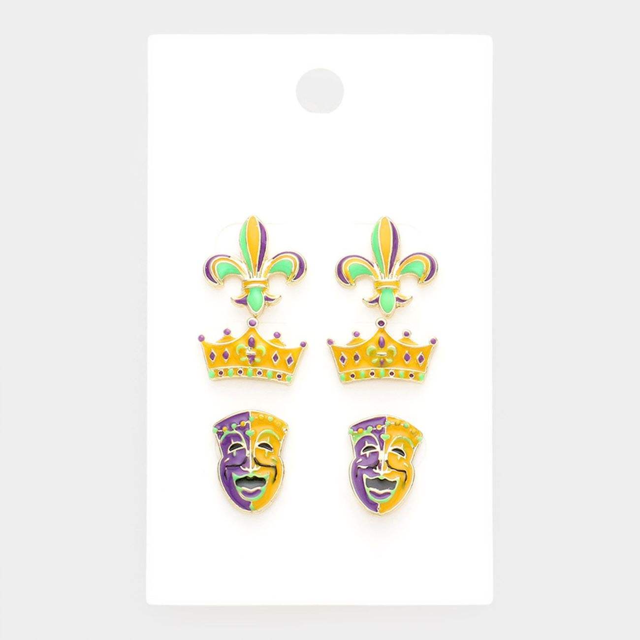 3Pairs - Mardi Gras Fleur de Lis Crown Mask Stud Earrings - Madeline Love - Flyclothing LLC
