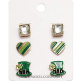 3Pairs Stone Enamel St Patricks Heart Hat Stud Earring Set - Madeline Love - Flyclothing LLC