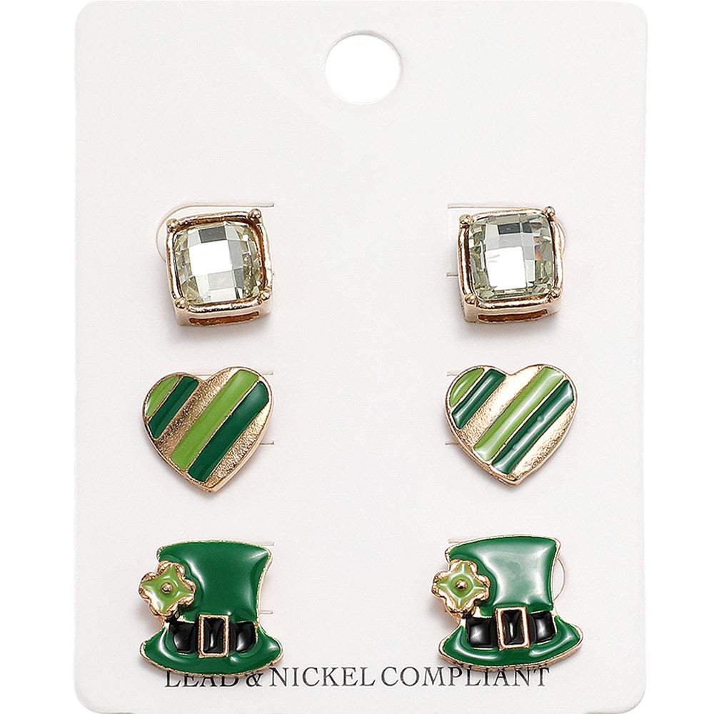 3Pairs Stone Enamel St Patricks Heart Hat Stud Earring Set - Madeline Love - Flyclothing LLC