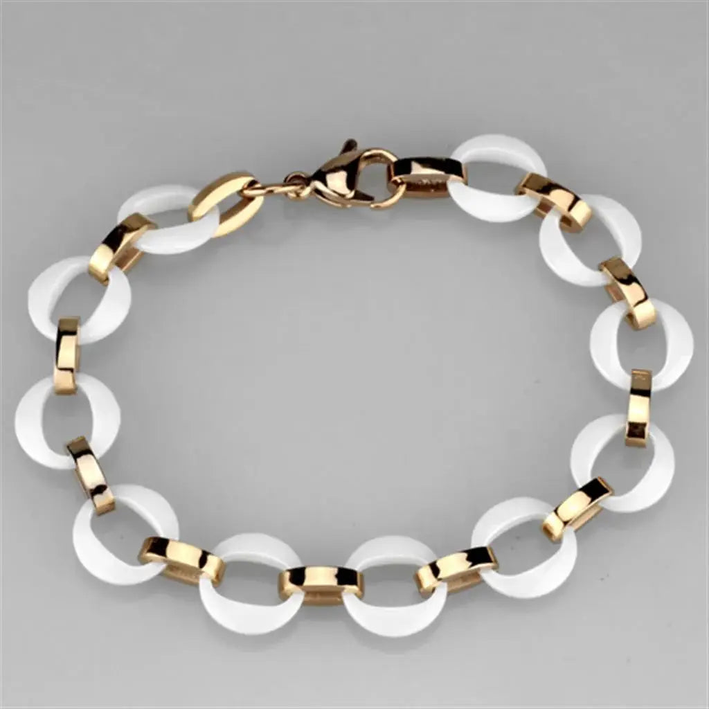 3W1015 - IP Rose Gold(Ion Plating) Stainless Steel Bracelet with Ceramic in White - Alamode - Flyclothing LLC