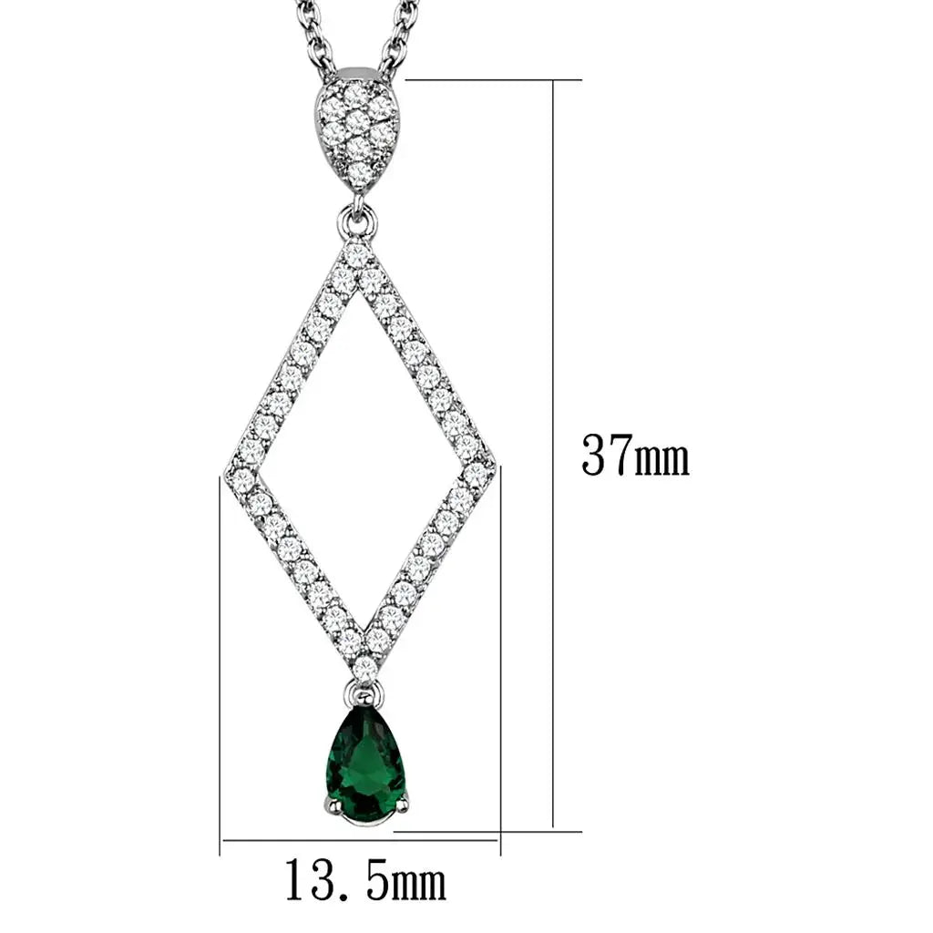 3W1026 - Rhodium Brass Chain Pendant with Synthetic Synthetic Glass in Emerald - Alamode - Flyclothing LLC