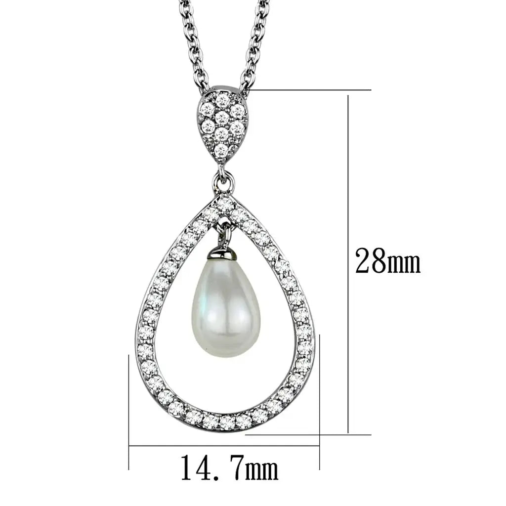 3W1031 - Rhodium Brass Chain Pendant with Synthetic Pearl in White - Alamode - Flyclothing LLC