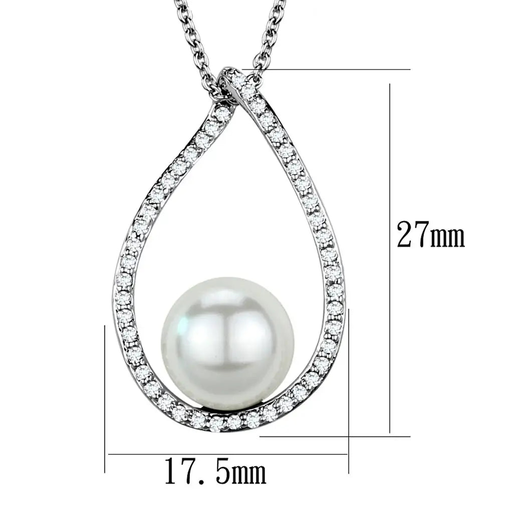 3W1036 - Rhodium Brass Chain Pendant with Synthetic Pearl in White - Alamode - Flyclothing LLC