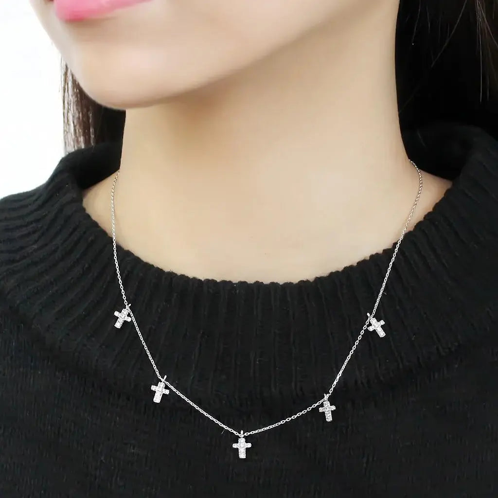 3W1037 - Rhodium Brass Chain Pendant with AAA Grade CZ in Clear - Alamode - Flyclothing LLC
