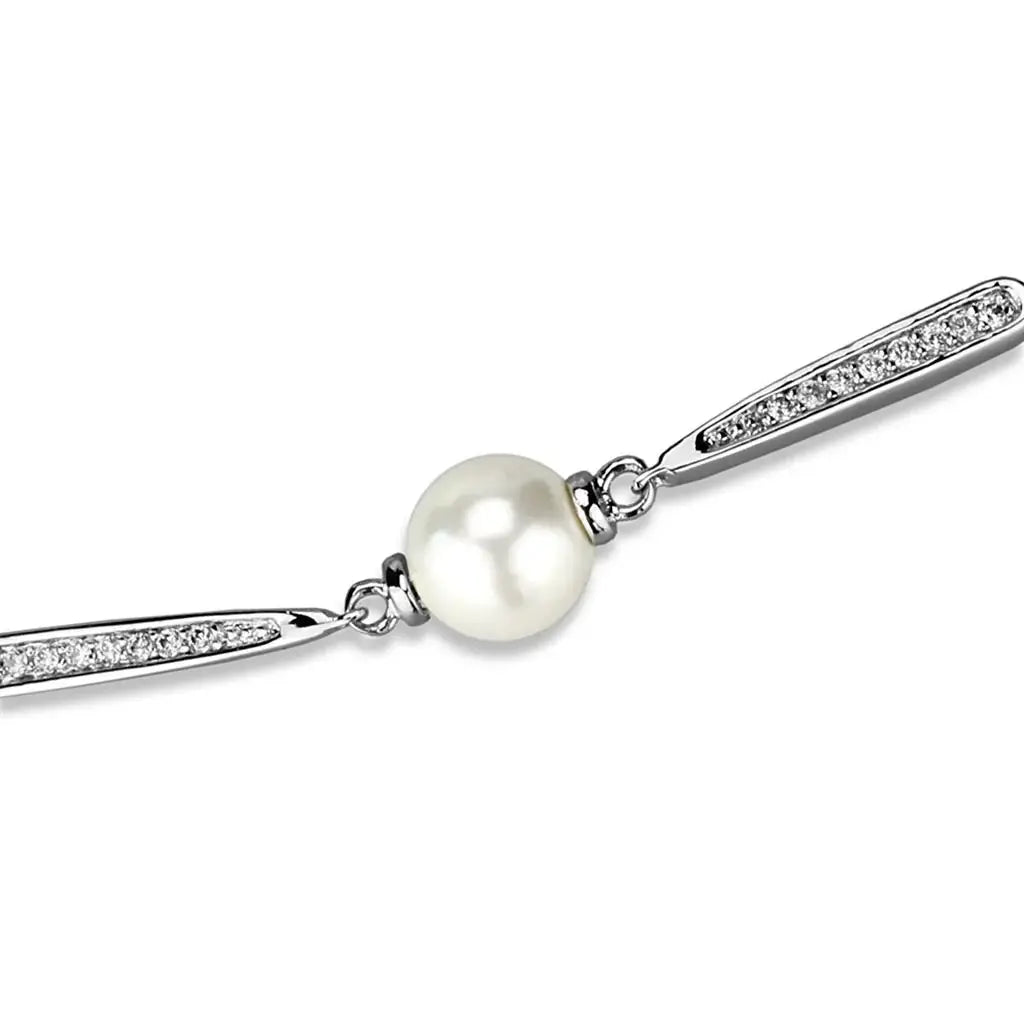 3W1041 - Rhodium Brass Bracelet with Synthetic Pearl in White - Alamode - Flyclothing LLC