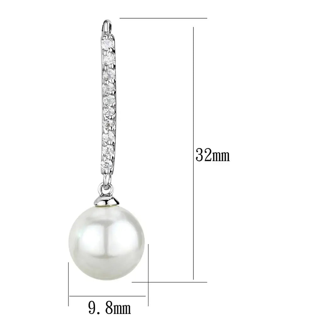 3W1059 - Rhodium Brass Earrings with Synthetic Pearl in White - Alamode - Flyclothing LLC