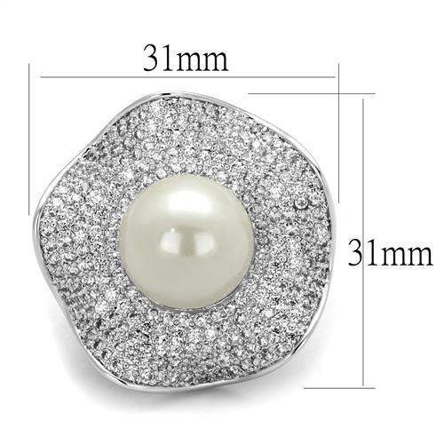 3W1080 - Rhodium Brass Ring with Synthetic Pearl in White - Alamode - Flyclothing LLC