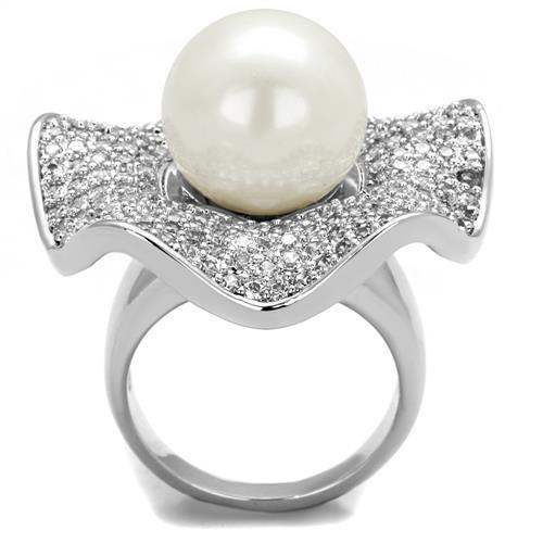3W1080 - Rhodium Brass Ring with Synthetic Pearl in White - Alamode - Flyclothing LLC