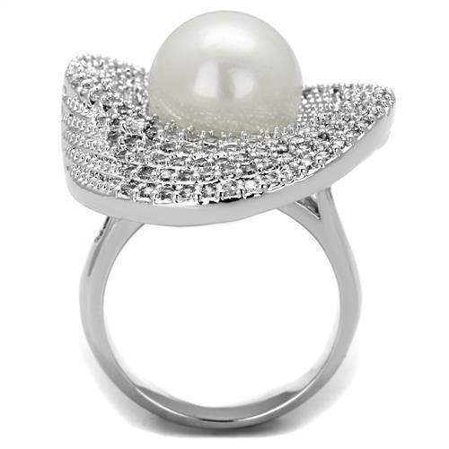 3W1082 - Rhodium Brass Ring with Synthetic Pearl in White - Alamode - Flyclothing LLC