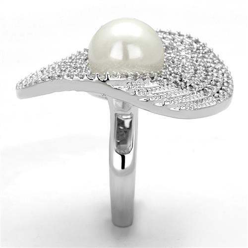 3W1082 - Rhodium Brass Ring with Synthetic Pearl in White - Alamode - Flyclothing LLC