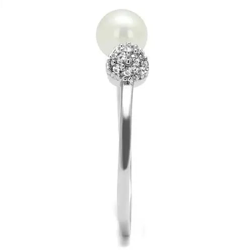 3W1230 - Rhodium Brass Ring with Synthetic Pearl in White - Alamode - Flyclothing LLC