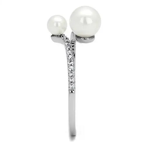 3W1236 - Rhodium Brass Ring with Synthetic Pearl in White - Alamode - Flyclothing LLC