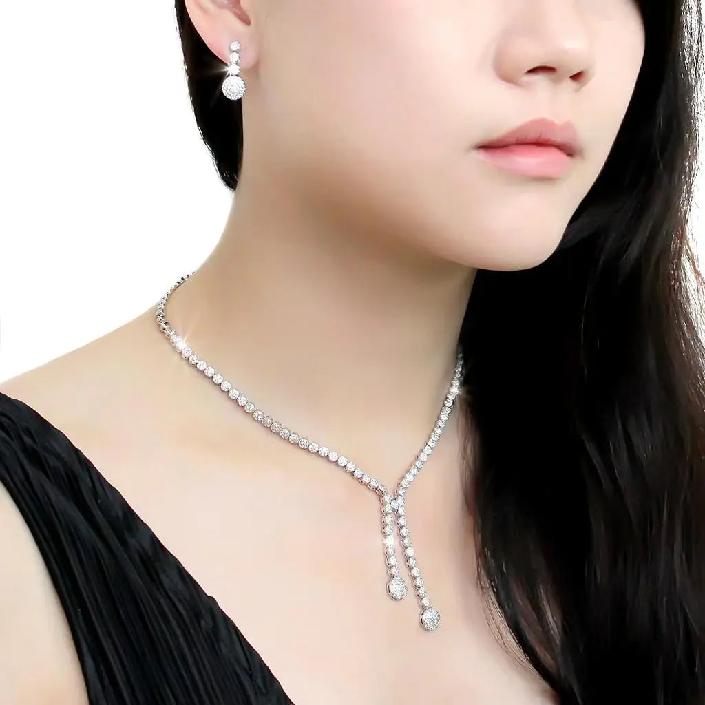 3W1428 - Rhodium Brass Jewelry Sets with AAA Grade CZ in Clear - Alamode - Flyclothing LLC