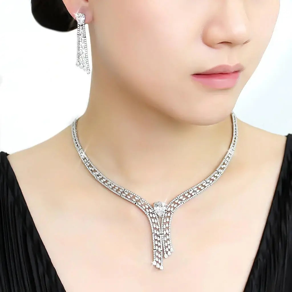 3W1434 - Rhodium Brass Jewelry Sets with AAA Grade CZ in Clear - Alamode - Flyclothing LLC