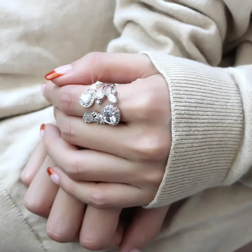 3W1454 - Rhodium Brass Ring with AAA Grade CZ in Clear - Alamode - Flyclothing LLC