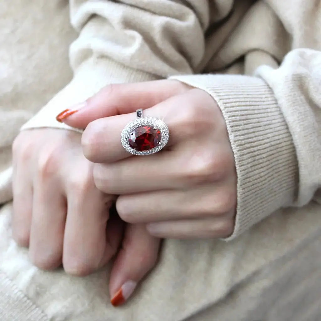 3W1455 - Rhodium Brass Ring with AAA Grade CZ in Garnet - Alamode - Flyclothing LLC