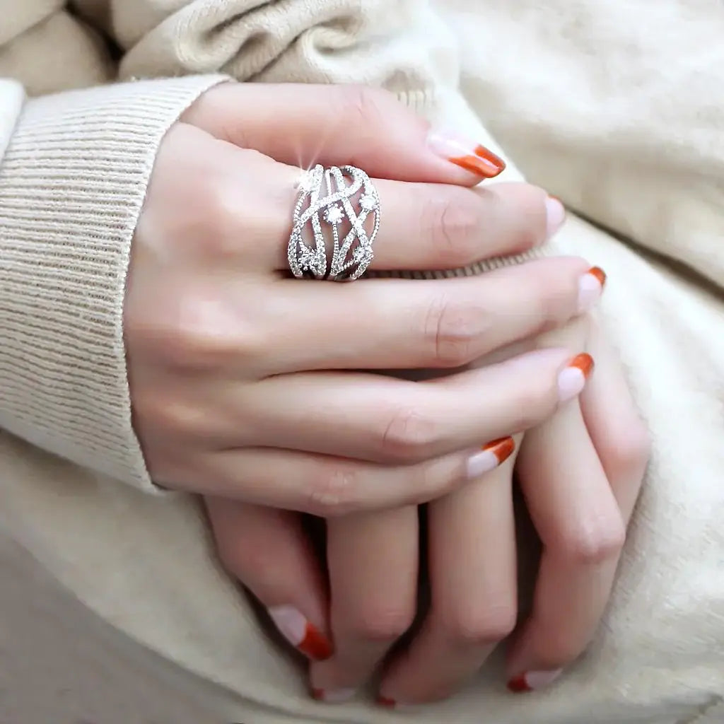 3W1463 - Rhodium Brass Ring with AAA Grade CZ in Clear - Alamode - Flyclothing LLC