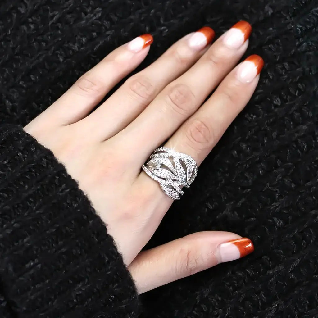3W1466 - Rhodium Brass Ring with AAA Grade CZ in Clear - Alamode - Flyclothing LLC